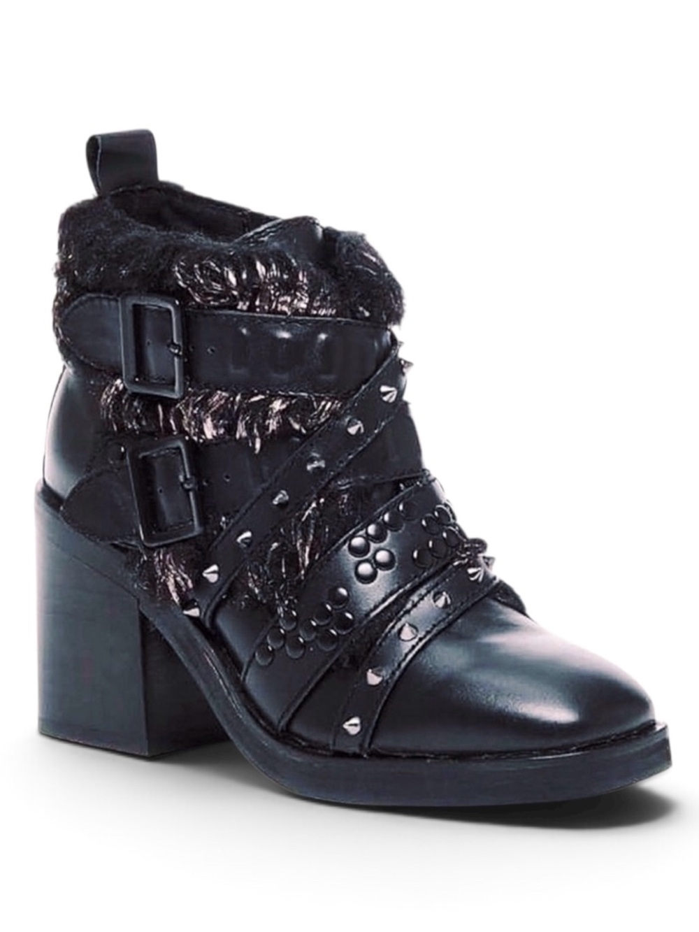 NEW Kelsi Dagger Black Leather Studded Metallic Faux Fur Ankle Boot Women Size 6